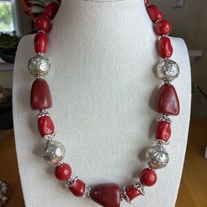Elegant Red and Silver Beaded Necklace